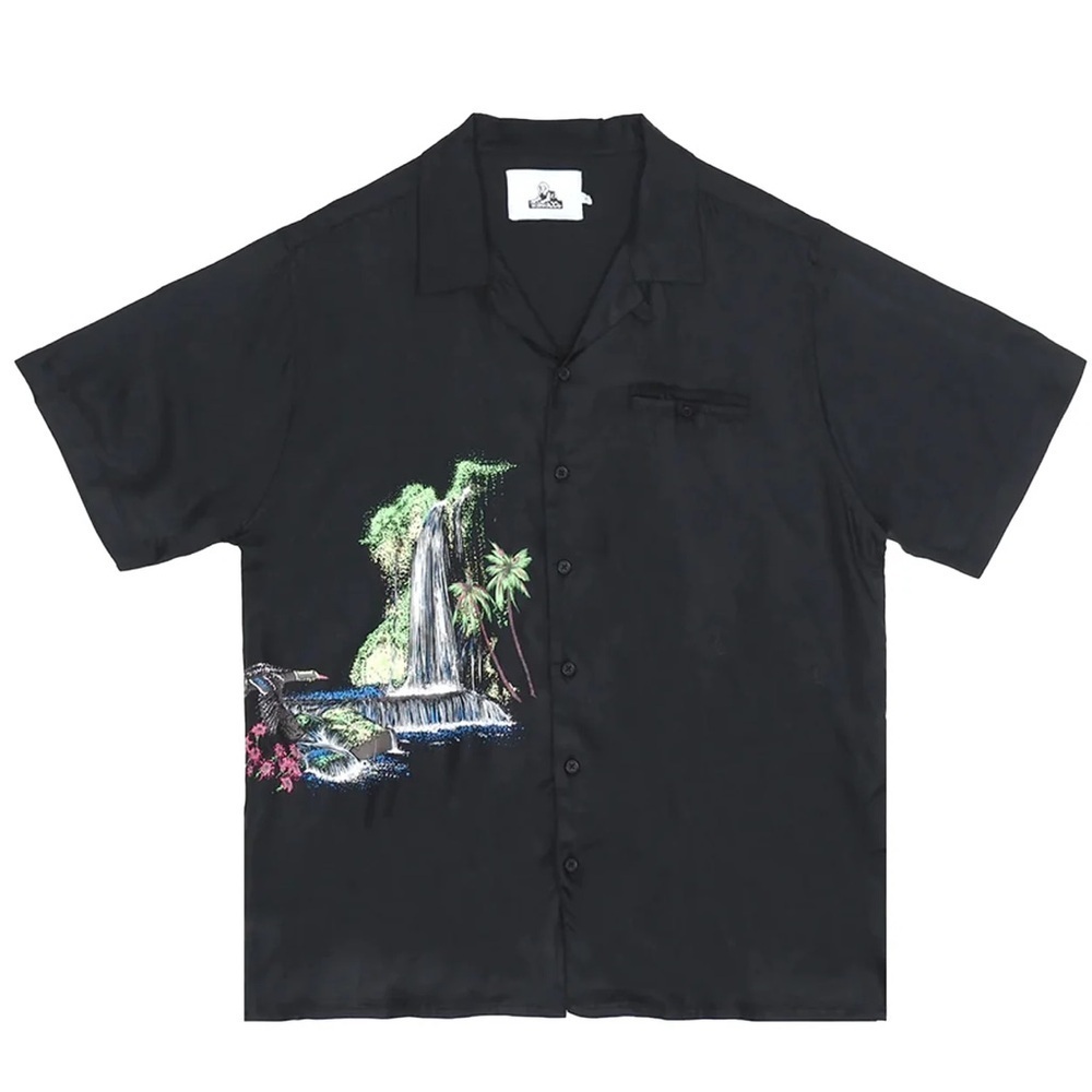 NWT JUNGLES Men’s Waterfall Print Short Sleeve Button Front Shirt in Black Sz S